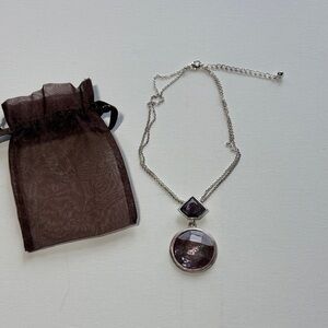 KC Signed Purple Stone Pendant Necklace Double Chain Silver Tone Artisan
